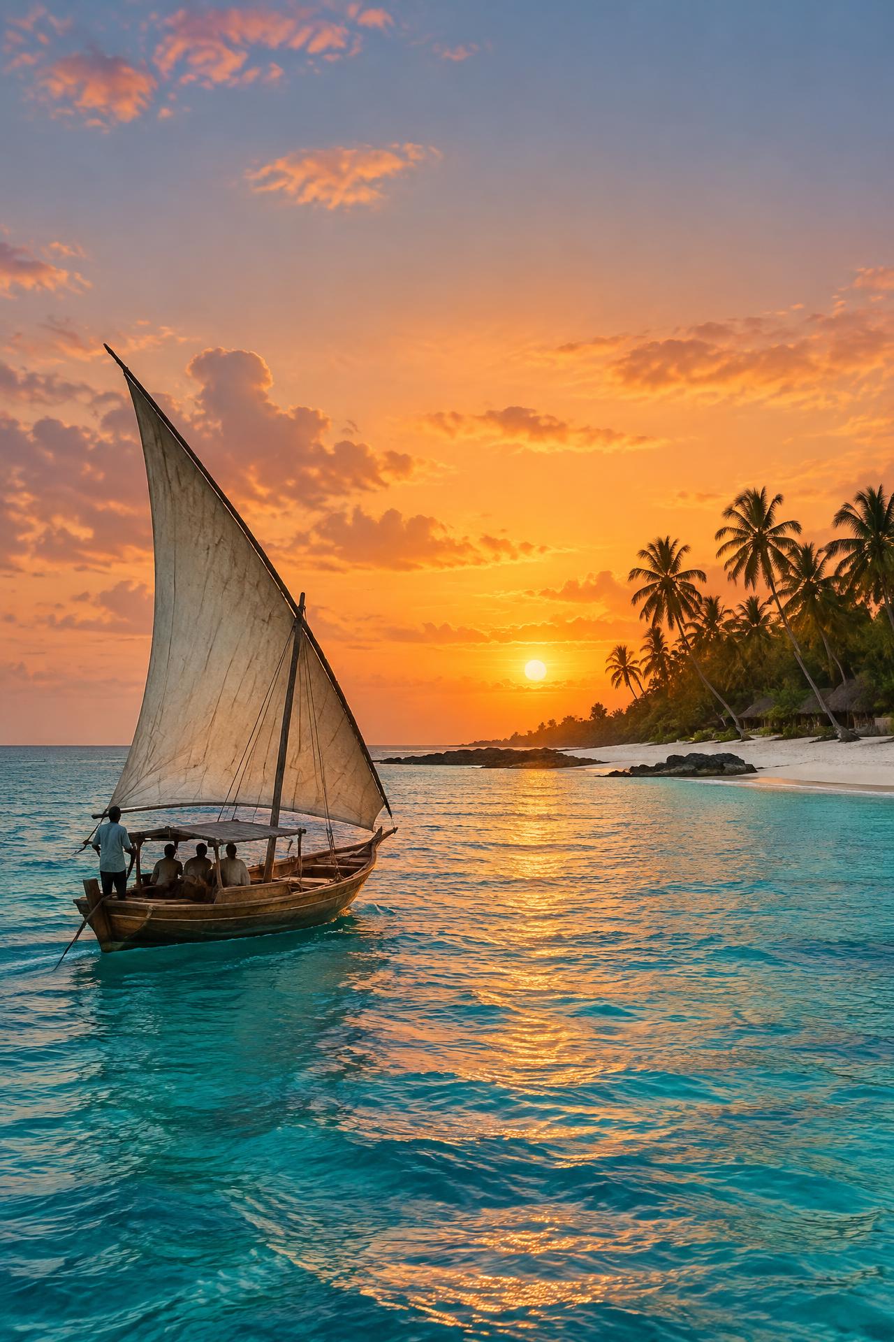 Dhow tradizionale al tramonto a Zanzibar
